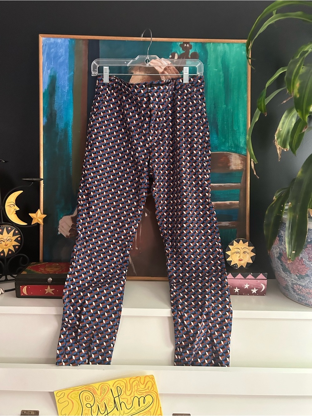 Zara Basic Geometric Print Slim Ankle Pants Navy Rust White Women’s Size 6